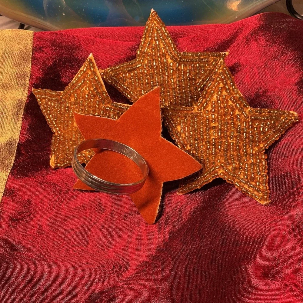 4 Napkin Rings Celestial Beaded Star & 4 Napkins Sheer Red & Gold Bohemian